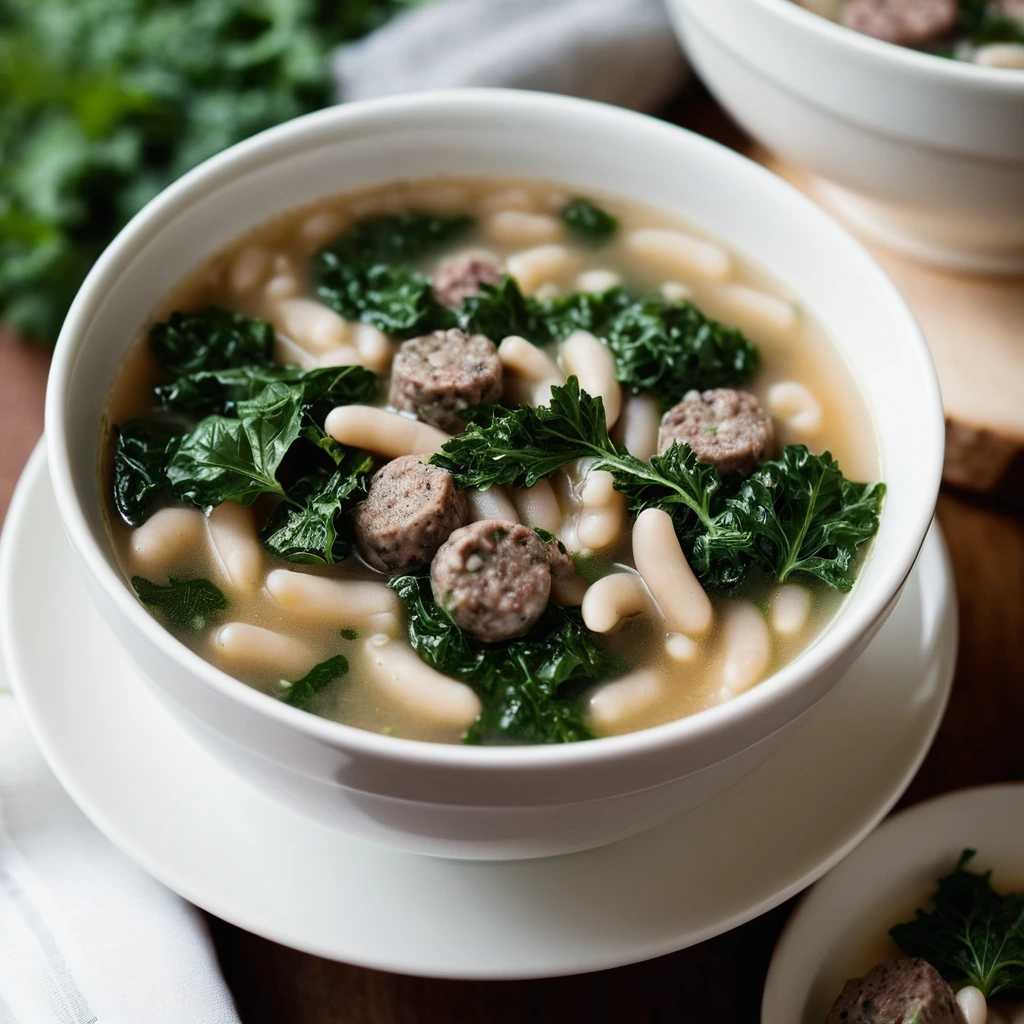 A steaming bowl of Italian Sausage, White Bean, and Kale Soup with green kale leaves floating in a golden broth.