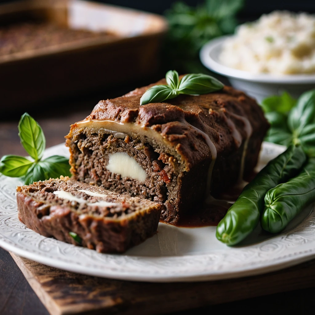 Golden brown meatloaf with melted mozzarella peeking out from a slit in the center, served on a rustic platter.