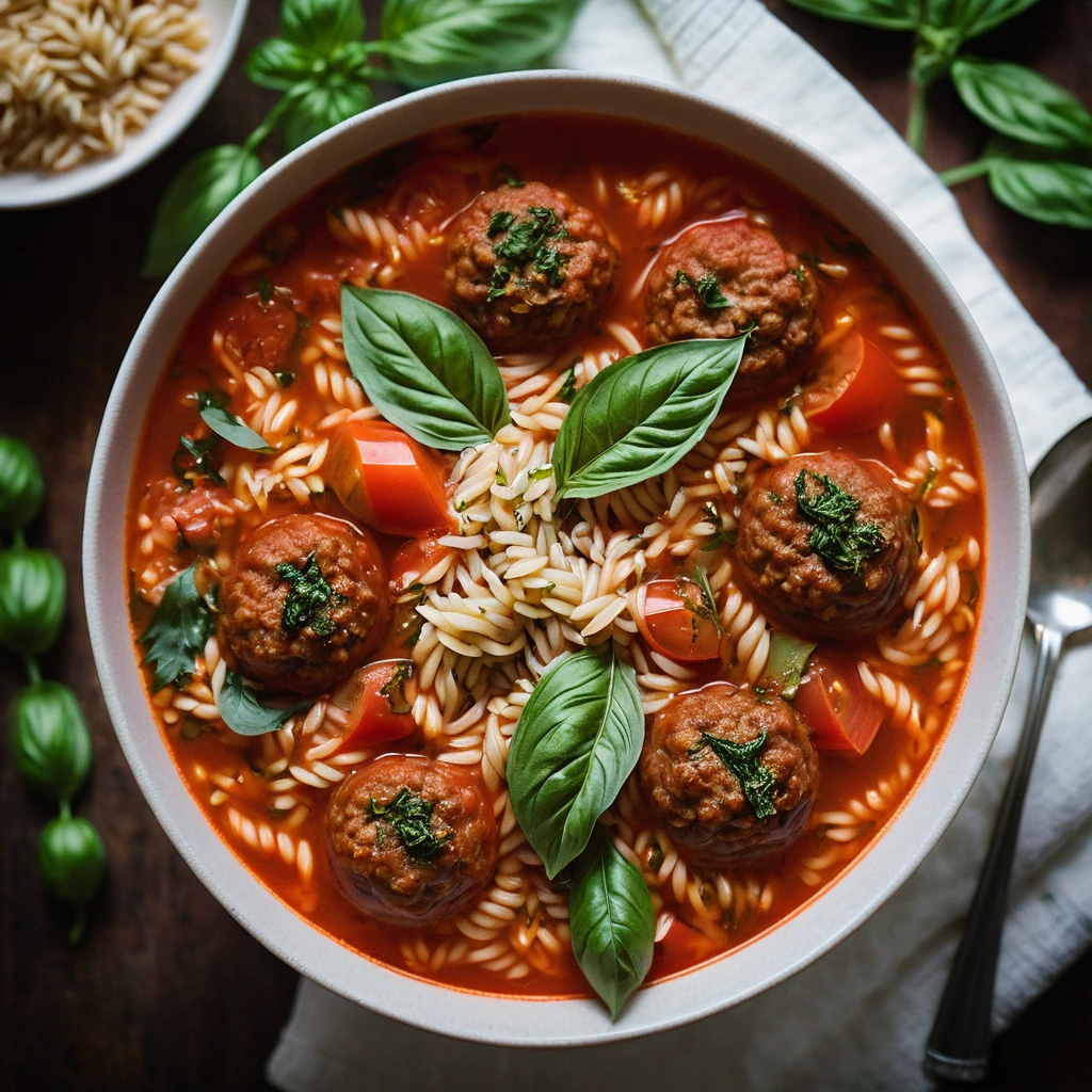 Steaming bowl of soup with golden orzo, juicy meatballs, and vibrant tomato broth, garnished with fresh basil.