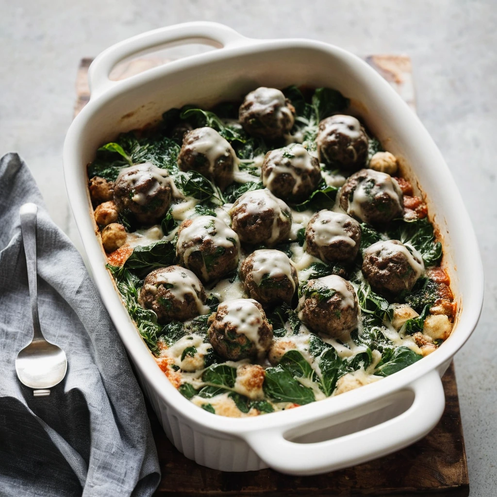 Baked dish with meatballs and greens topped with melted cheese in a casserole dish.
