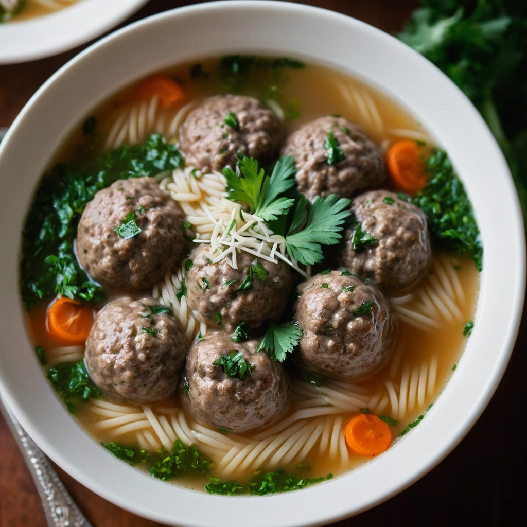 Bowl of steaming soup with meatballs, orzo, and vibrant green parsley garnish.