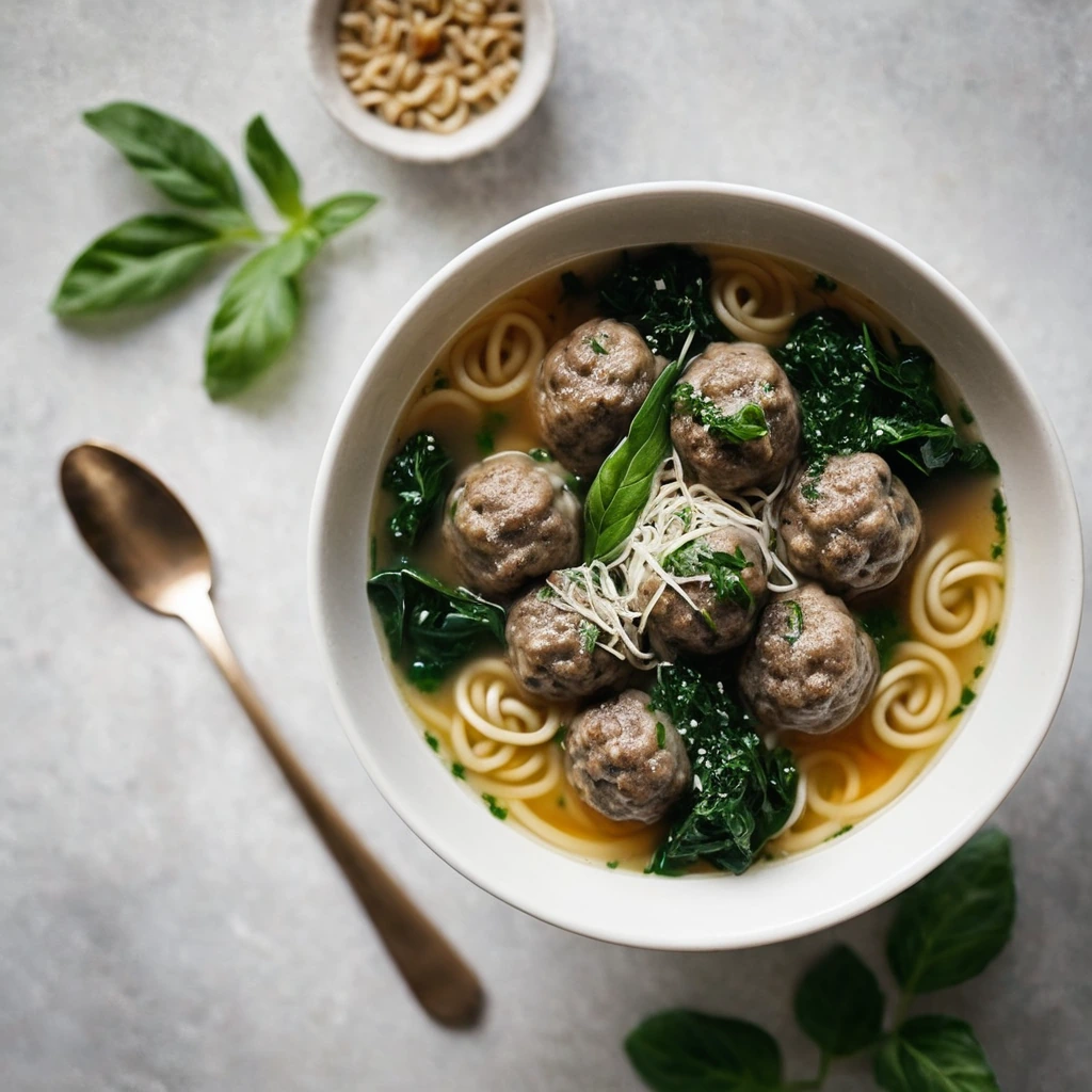 Steaming bowl of soup with small meatballs, pasta, and leafy greens in a golden broth.
