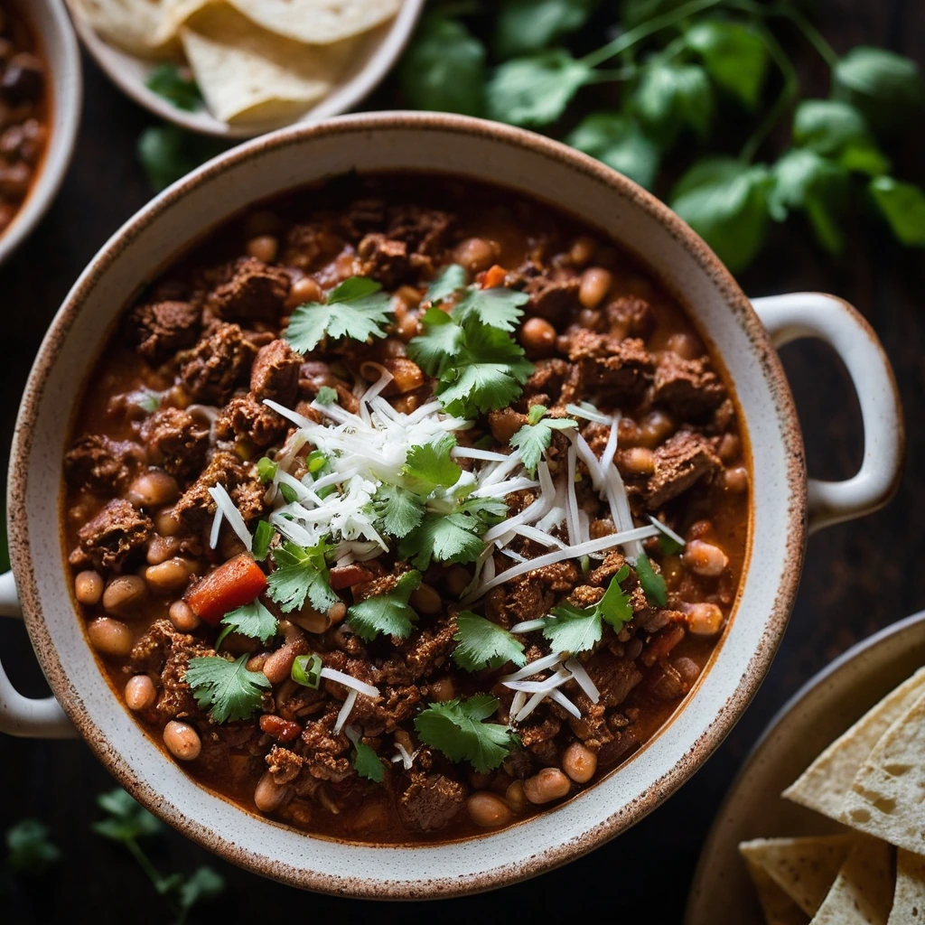 Steamy bowl of hearty chili with chunks of pork, beans, and a sprinkle of grated Parmesan