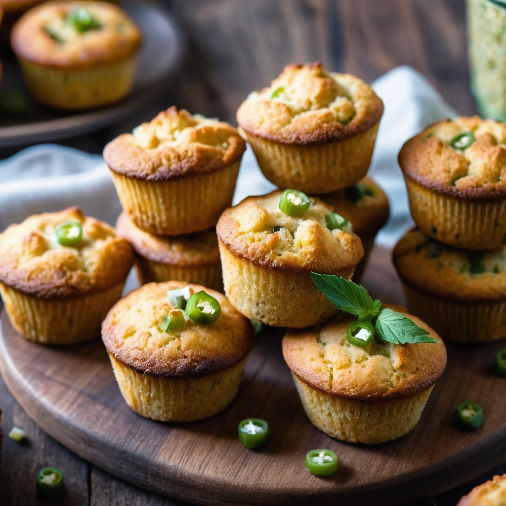 Mini cornbread muffins dusted with golden brown cheese and flecks of green jalapeno on a rustic wooden board.