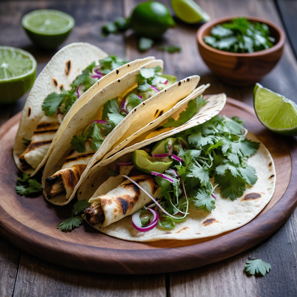 Grilled chicken nestled in soft tortillas with fresh cilantro and lime wedges on a rustic wooden board.