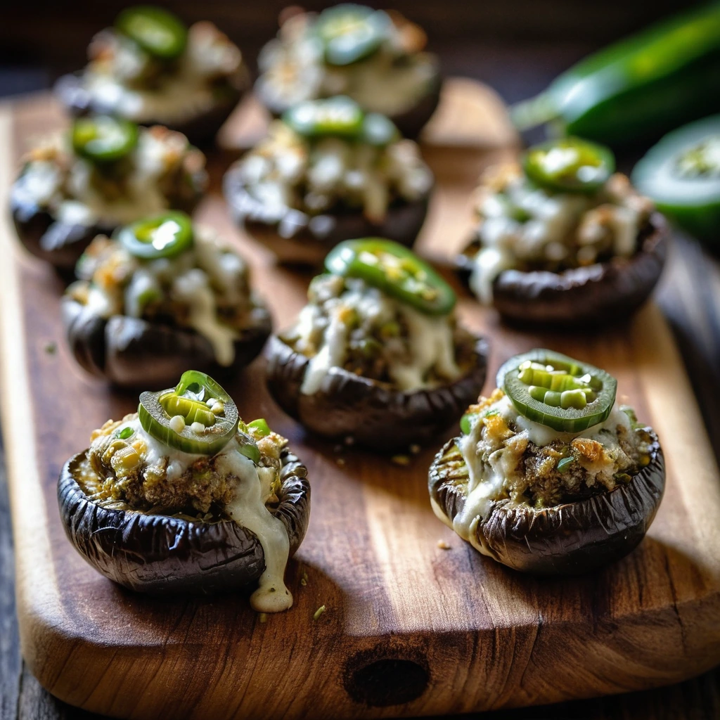 Golden brown mushroom caps overflowing with melted cheese and green jalapeno pieces, arranged on a rustic wooden board.