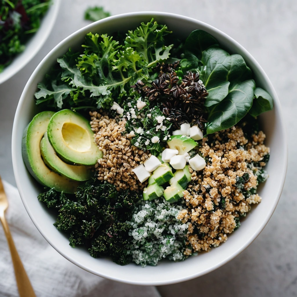 Colorful salad with dark kale leaves, quinoa, and a drizzle of creamy dressing in a white bowl