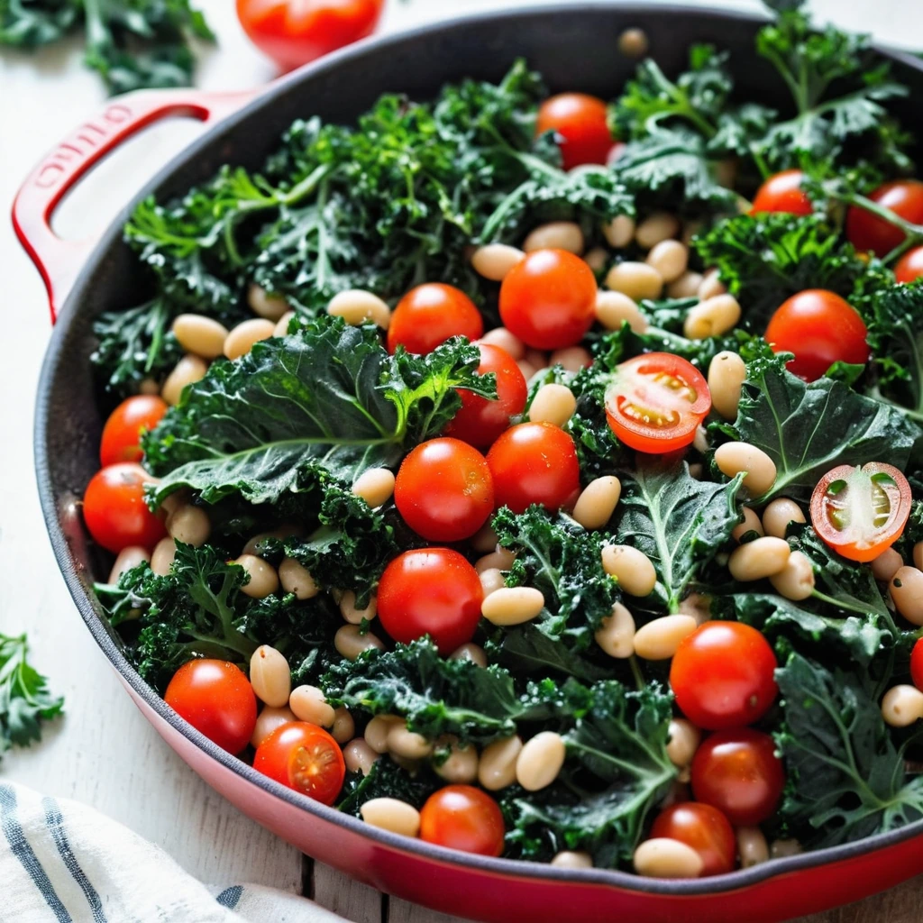 Colorful skillet dish with dark green kale, white beans, and red tomatoes, sprinkled with fresh herbs.