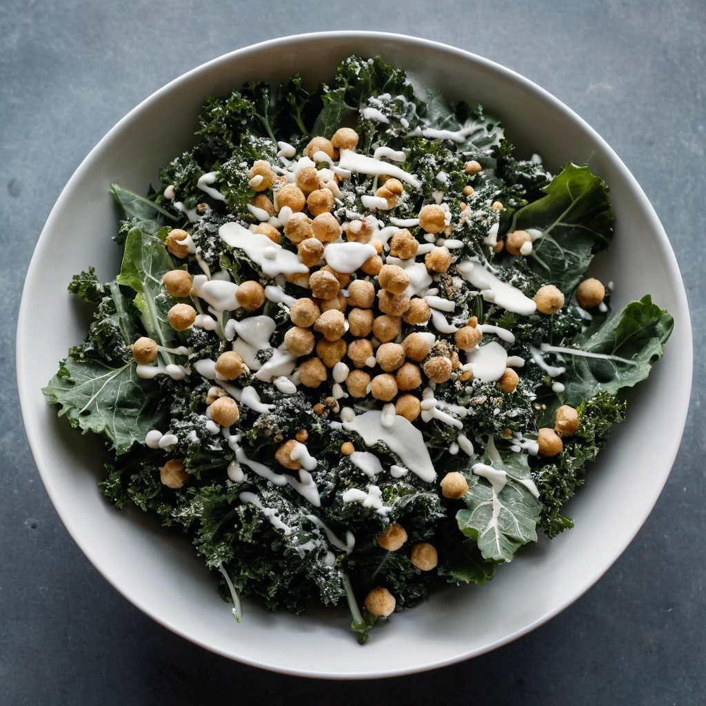 A large bowl of dark green kale salad with white dressing, topped with golden crispy chickpeas and grated parmesan.