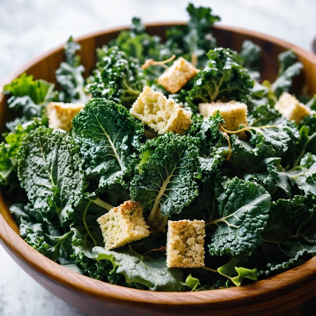 Vibrant green kale leaves topped with golden croutons in a rustic wooden bowl.