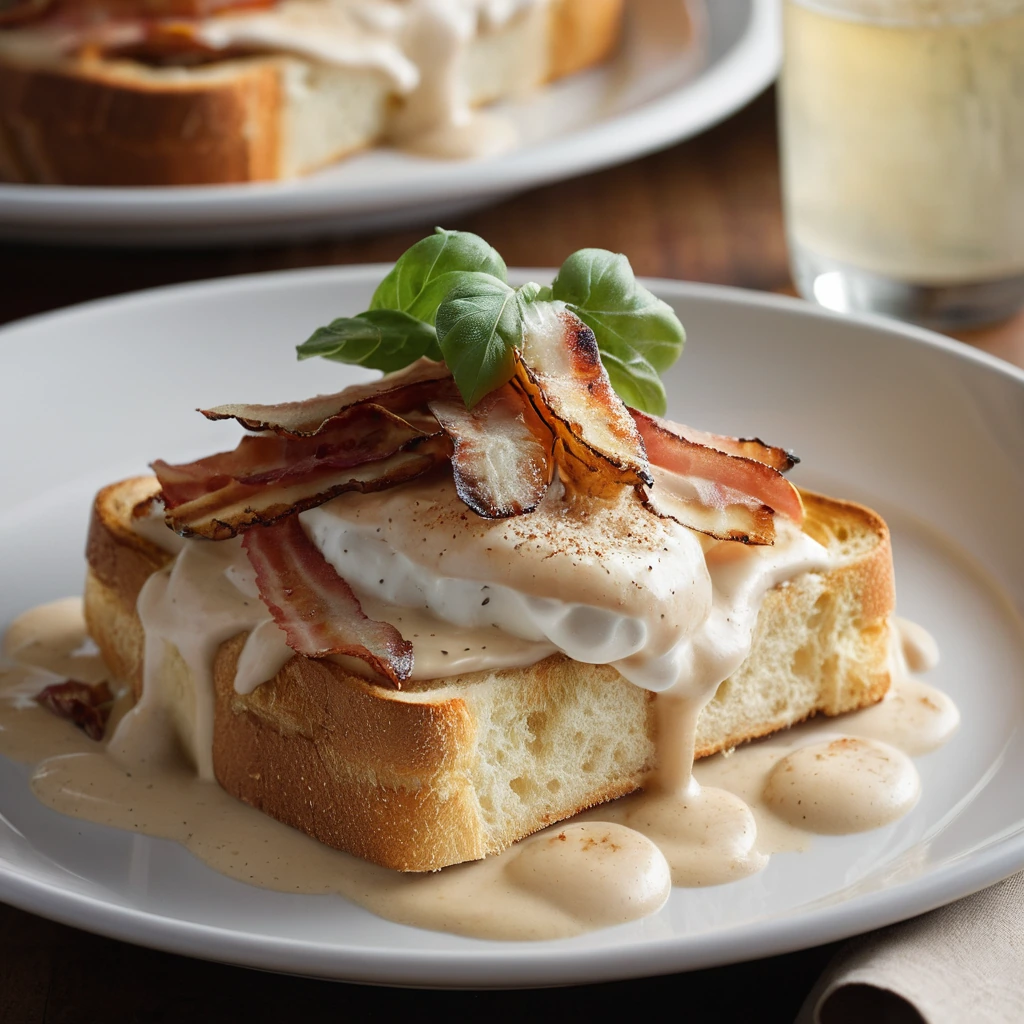 Golden toasted bread topped with turkey slices, covered in bubbly Mornay sauce, and crispy bacon.