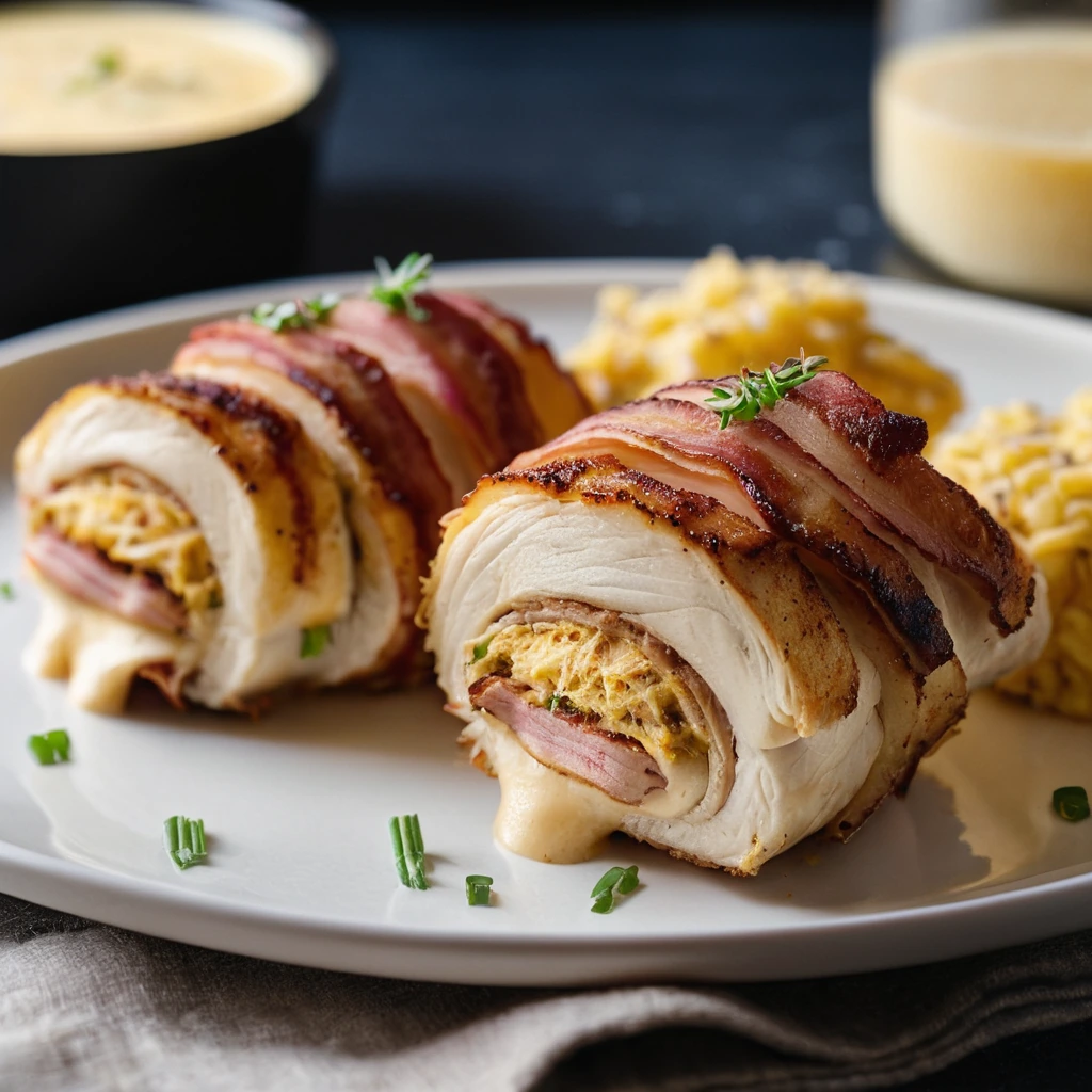Two chicken breasts wrapped in bacon with melted cheddar cheese, served on a platter.