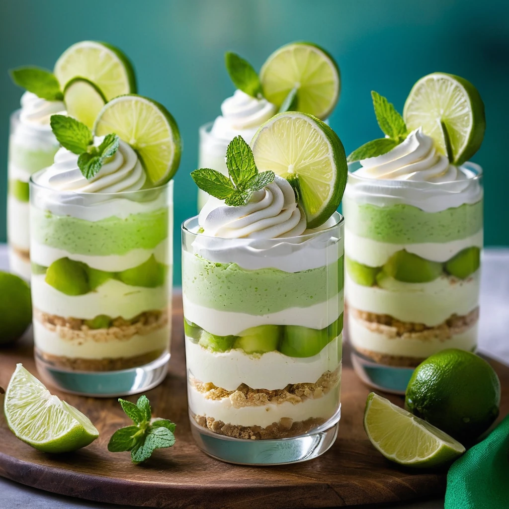 Layered parfait cups with creamy white and vibrant green layers, topped with whipped cream and a lime wedge.