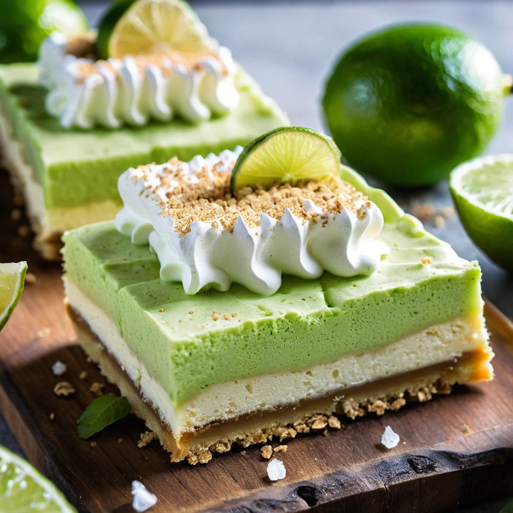 Golden crusted bars with vibrant green lime filling, dusted with white whipped cream peaks on a rustic wooden board.