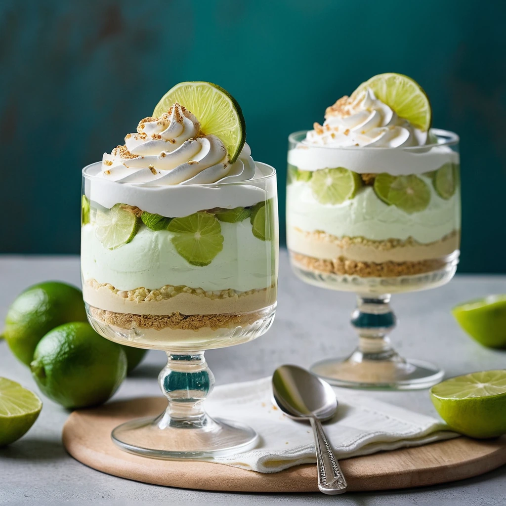 Layered parfaits in clear glasses with green lime layers and white cream, topped with whipped cream and a graham cracker crumb sprinkle.