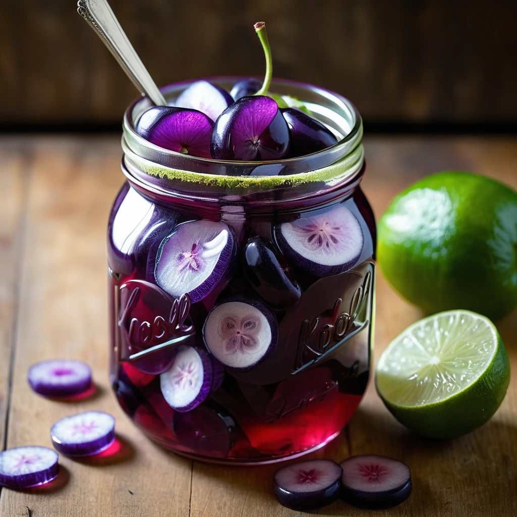Vibrant purple pickles in a jar with slices of lime and cherry garnish on a wooden background.