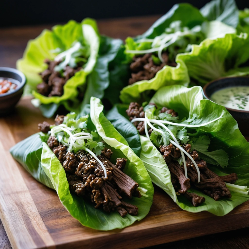 Bulgogi beef nestled in green lettuce cups, glistening with glaze, served on a rustic wooden board.