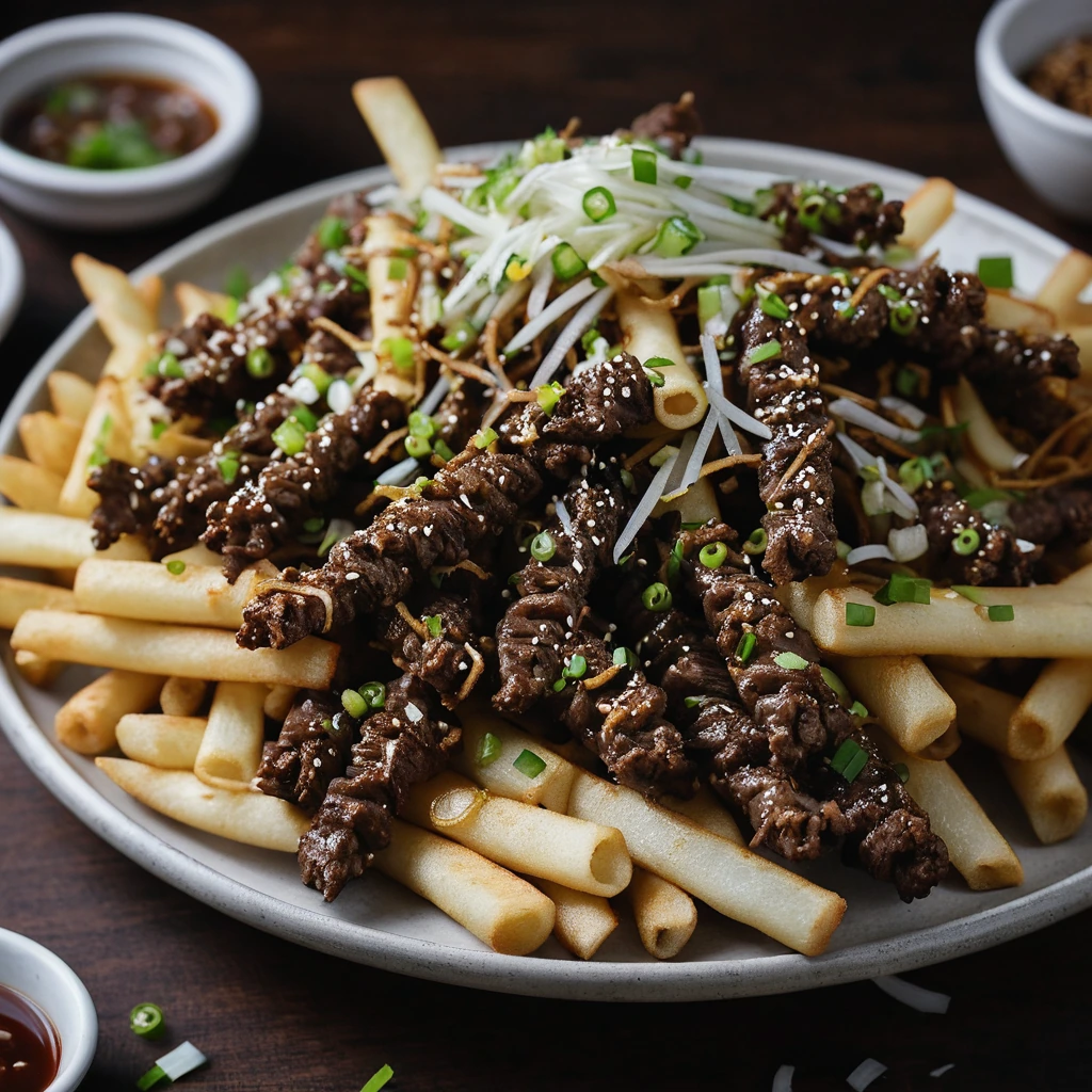 Pile of golden fries topped with glossy bulgogi beef, sesame seeds, and chopped green onions.