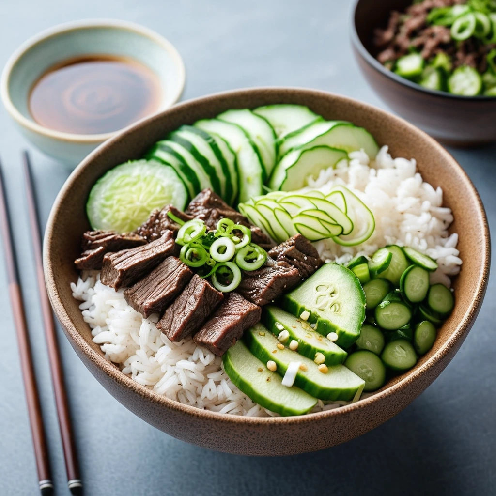 Steamed rice in a bowl topped with slices of bulgogi beef and fresh cucumber ribbons.