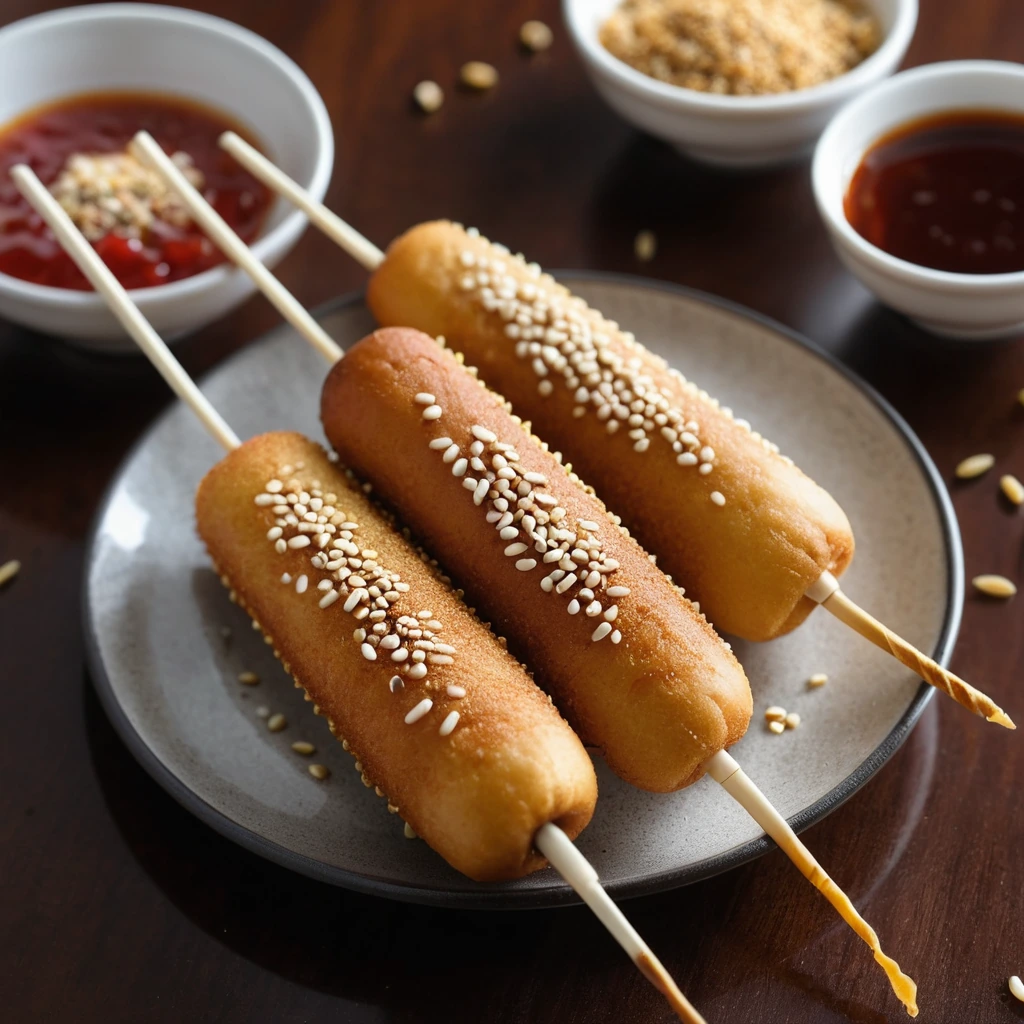 Golden brown corn dogs on a plate with red sauce drizzled on top and sprinkled with sesame seeds.