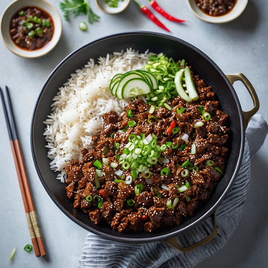 A golden skillet with a colorful mound of rice, tender beef slices, and vibrant green scallions.
