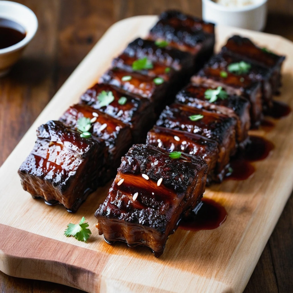 Pork ribs glistening with a reddish-brown glaze, served on a rustic wooden board.