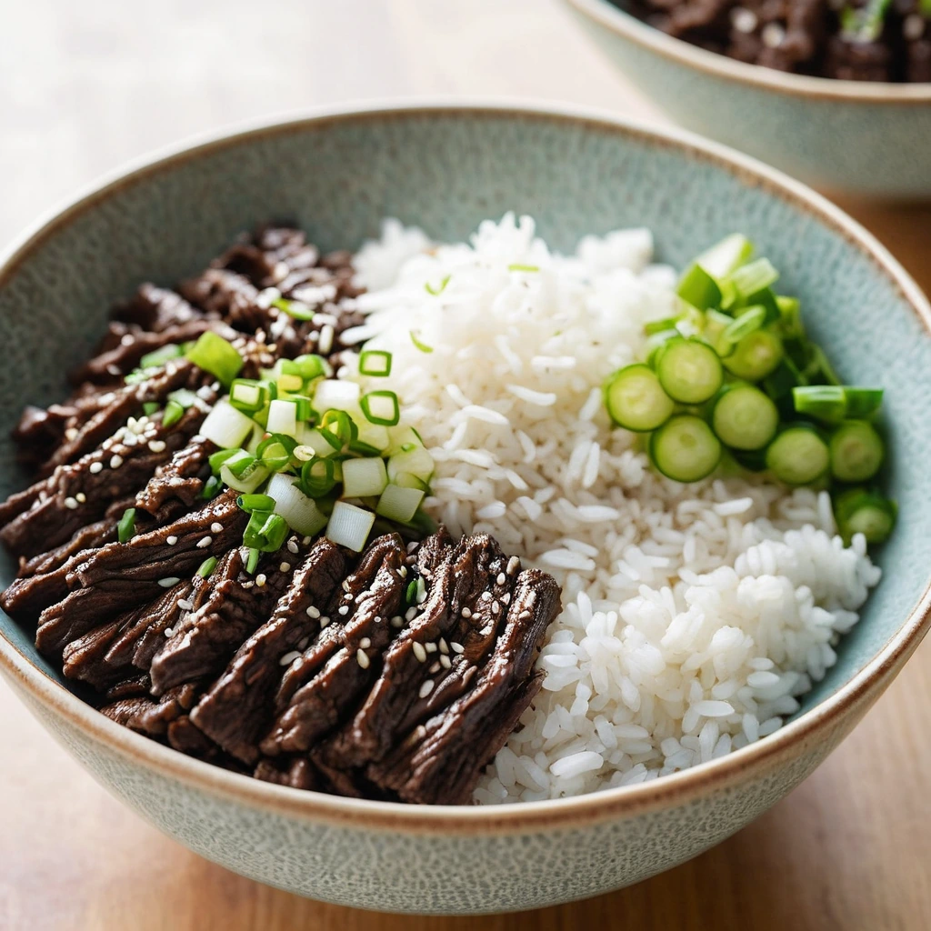 Bulgogi beef slices over a bed of steamed jasmine rice, garnished with green scallions and sesame seeds.