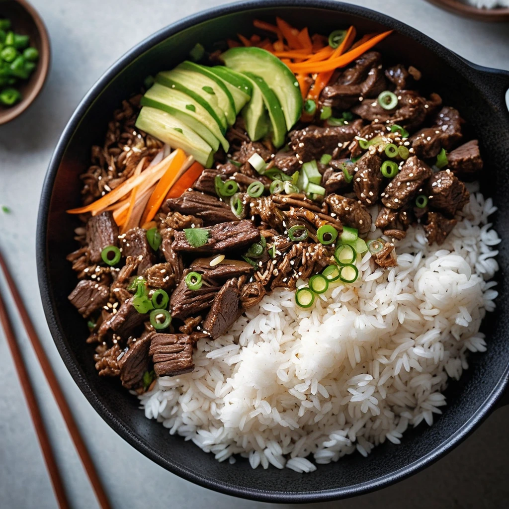 A skillet filled with a vibrant mixture of beef, rice, and vegetables, drizzled with a glossy sauce.