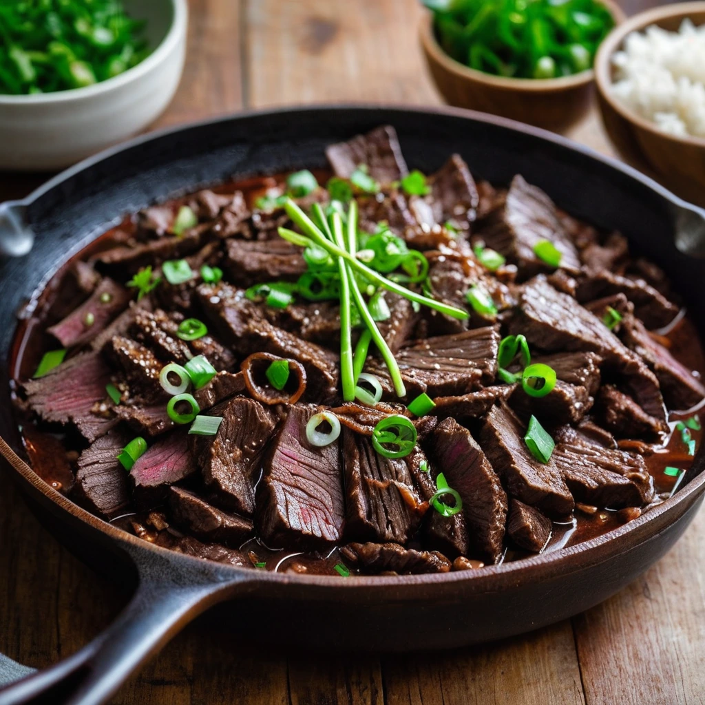 A sizzling skillet of thinly sliced beef in a glossy red sauce, garnished with green onions on a rustic wooden table.