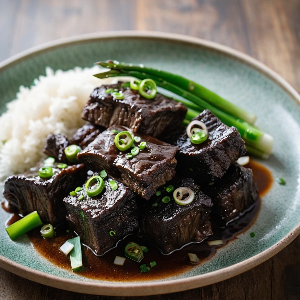 Shiny caramelized short ribs in a glossy sauce, garnished with scallions on a rustic platter.
