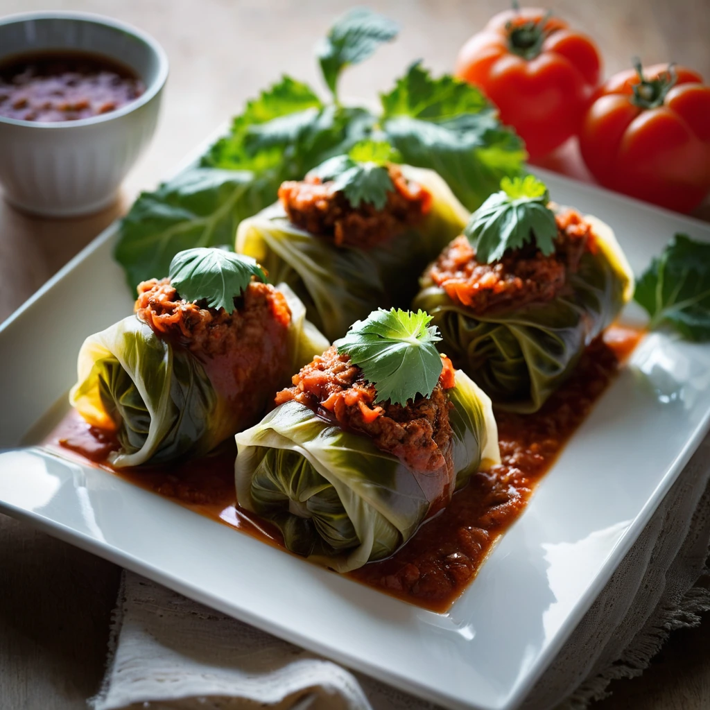 Golden-brown stuffed cabbage rolls arranged on a plate, topped with a vibrant red tomato sauce.