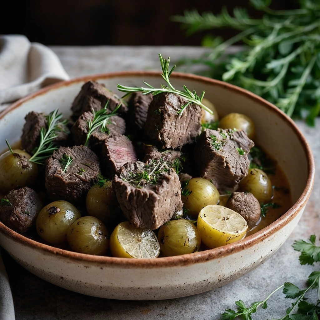 Slow-cooked lamb and potatoes in a rustic earthenware dish, sprinkled with fresh herbs.