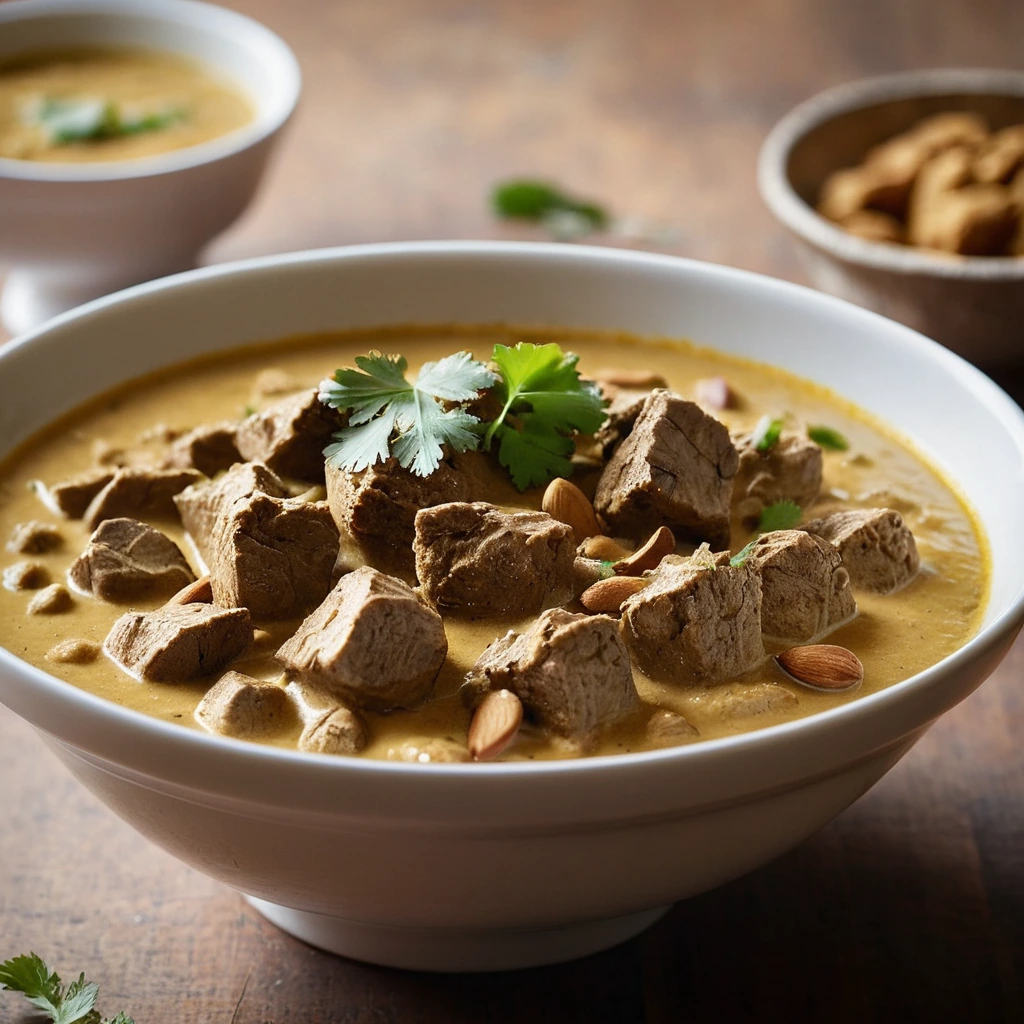 Rich golden sauce with tender lamb pieces and almonds in a shallow bowl.