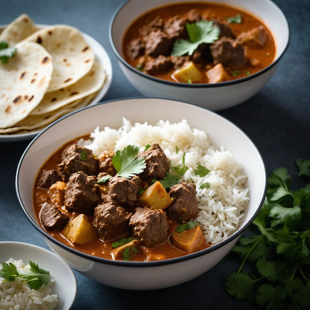 Steaming bowl of rich red curry with tender lamb pieces and diced potatoes, garnished with fresh cilantro.