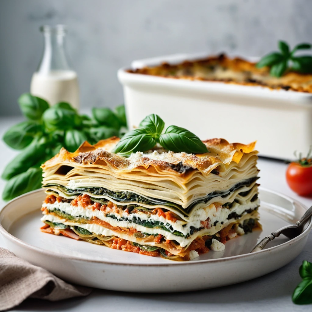 Rectangular baking dish with layers of pasta, vegetables, and melted cheese, golden brown on top.