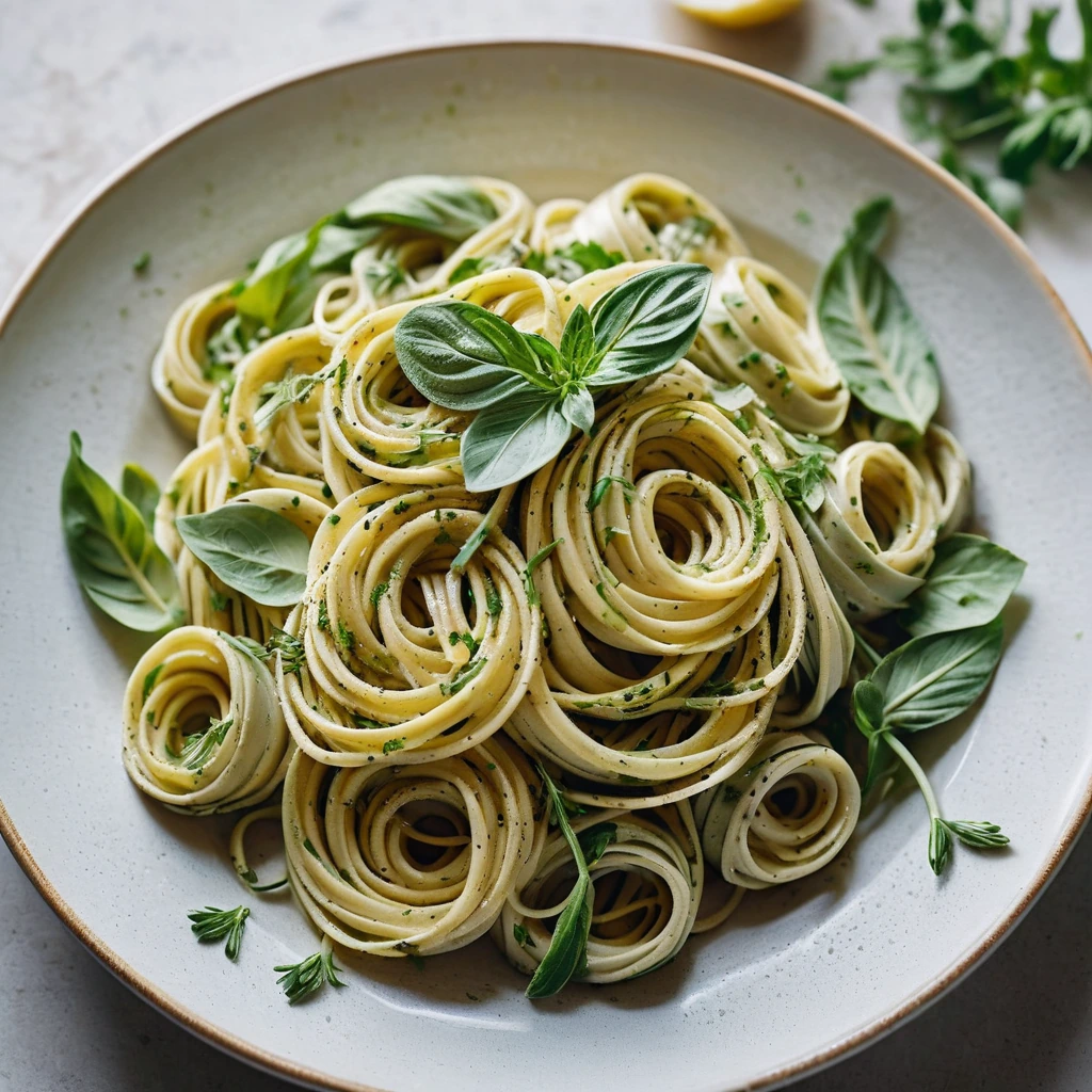 Golden linguine twirled on a plate, dotted with green herbs and artichoke hearts, drizzled with lemon zest.
