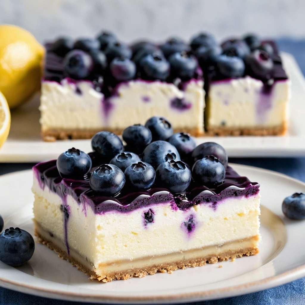 Golden crust with vibrant blueberry swirls and lemony cheesecake filling in a square baking pan.