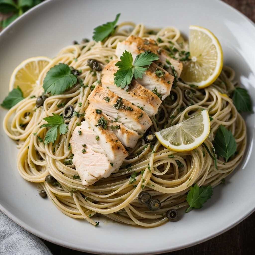 Golden spaghetti tangled with lemon-glazed chicken slices, garnished with fresh parsley.