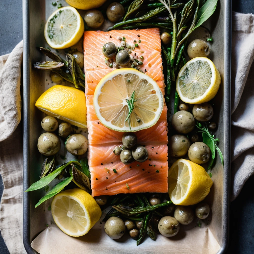 Plated salmon and potatoes on a sheet pan, vibrant with lemon slices and capers.