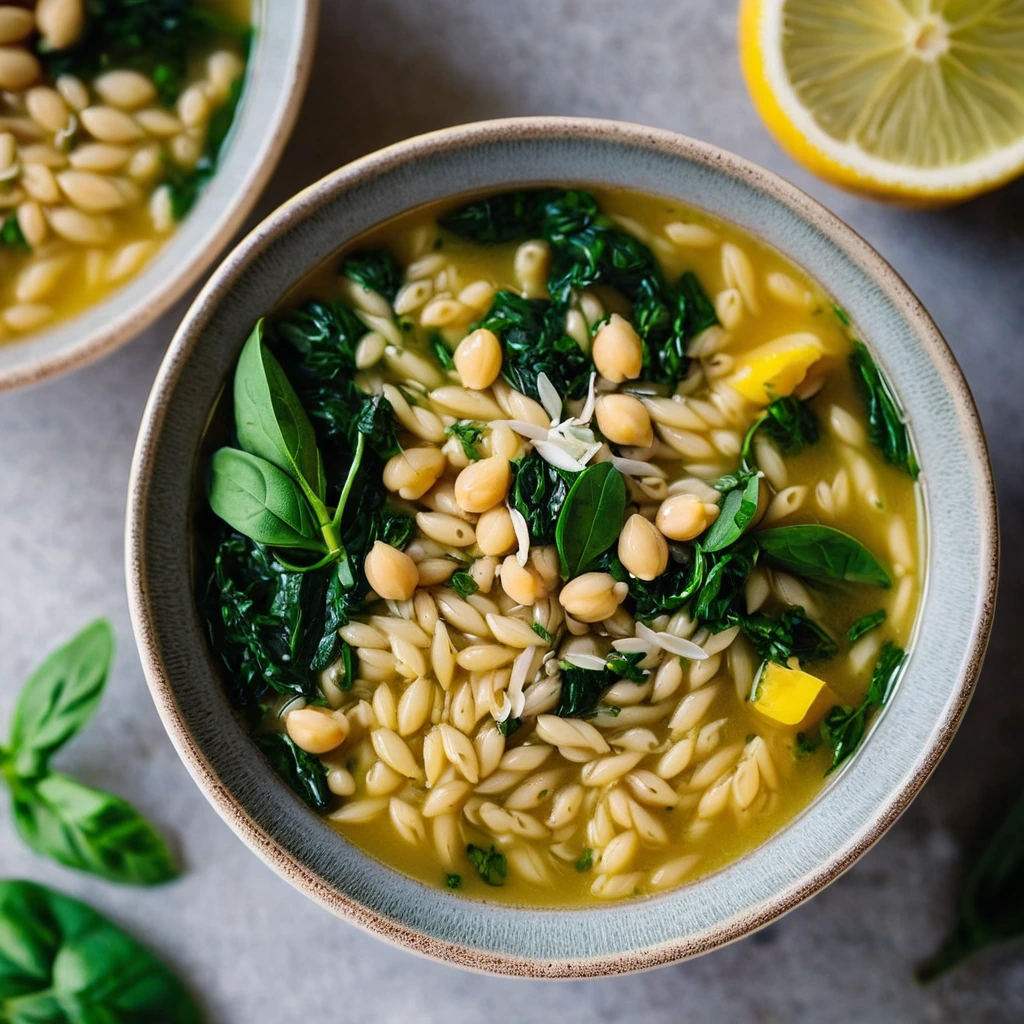 Golden orzo and tender chickpeas in a vibrant yellow lemon broth, topped with green spinach and dill, served in a rustic bowl.