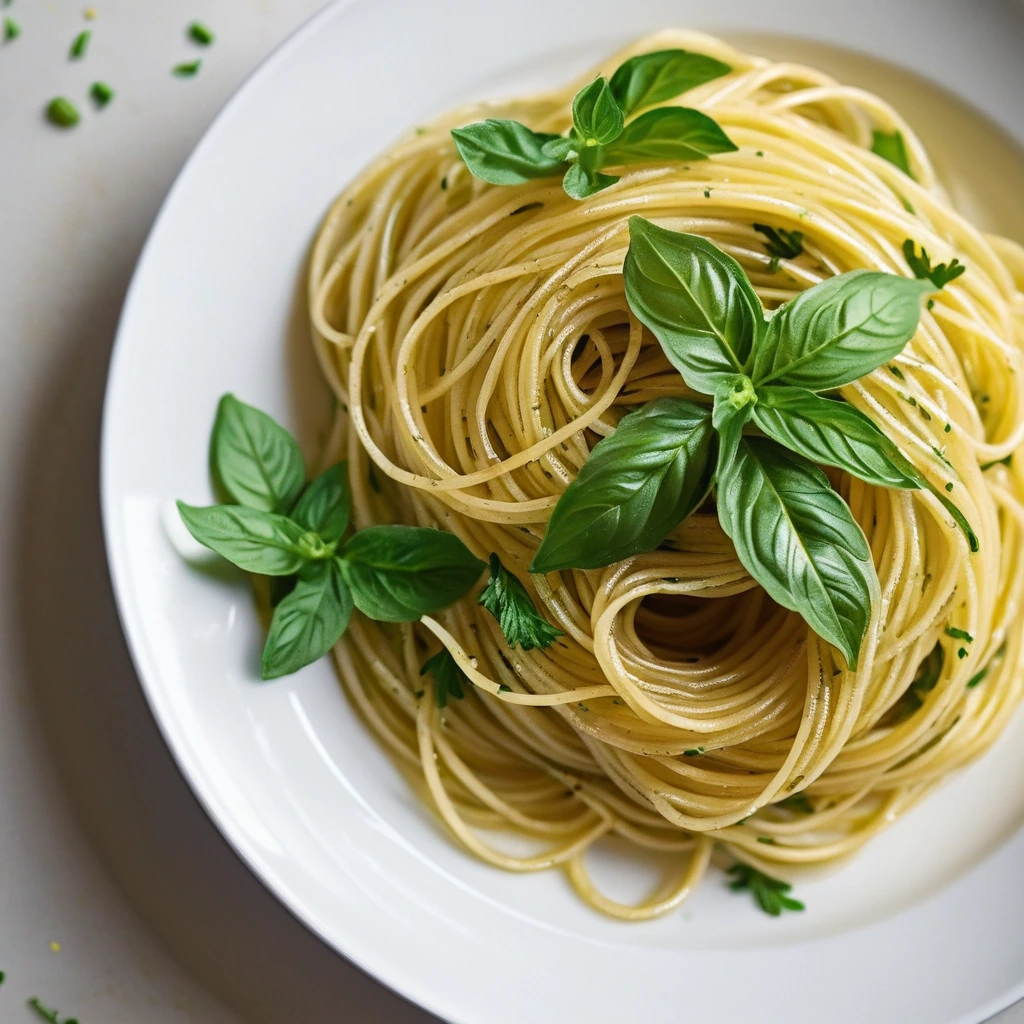 Golden spaghetti twirled on a white plate, topped with vibrant green parsley and a squeeze of lemon.