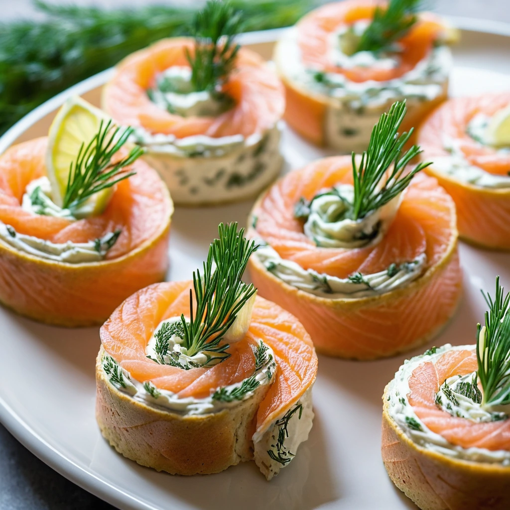 Colorful pinwheels of cream cheese and salmon, garnished with fresh dill on a platter.