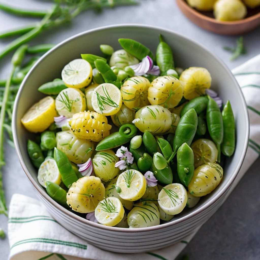 Colorful potato salad in a bowl with green snap peas and fresh dill sprigs.