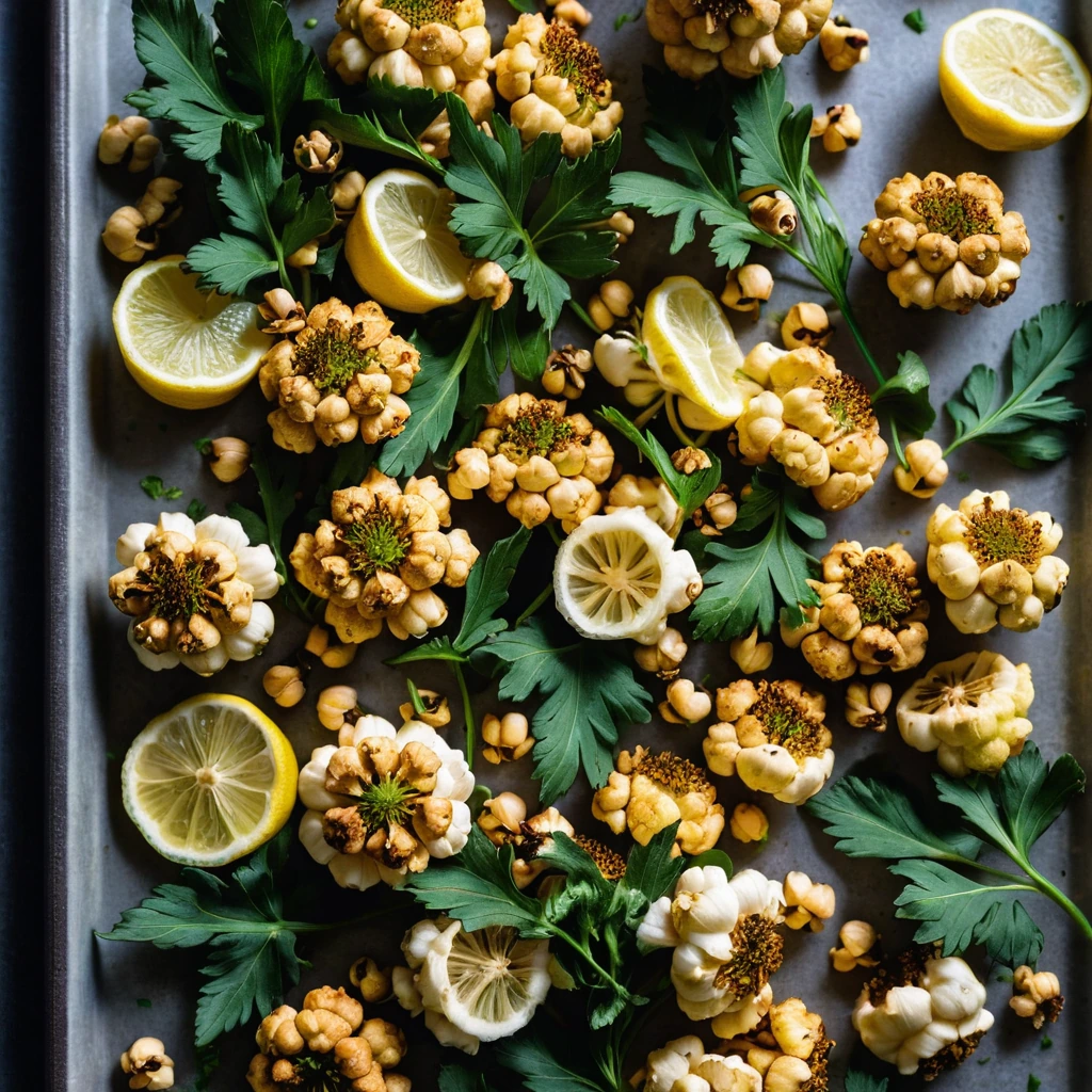 Golden roasted cauliflower florets and tender chickpeas on a baking sheet, drizzled with lemon juice and sprinkled with fresh parsley.