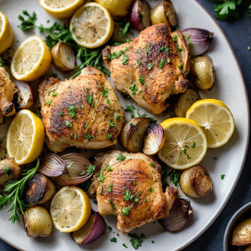 Sheet pan with juicy lemon garlic chicken thighs and crispy golden potatoes, garnished with fresh parsley.