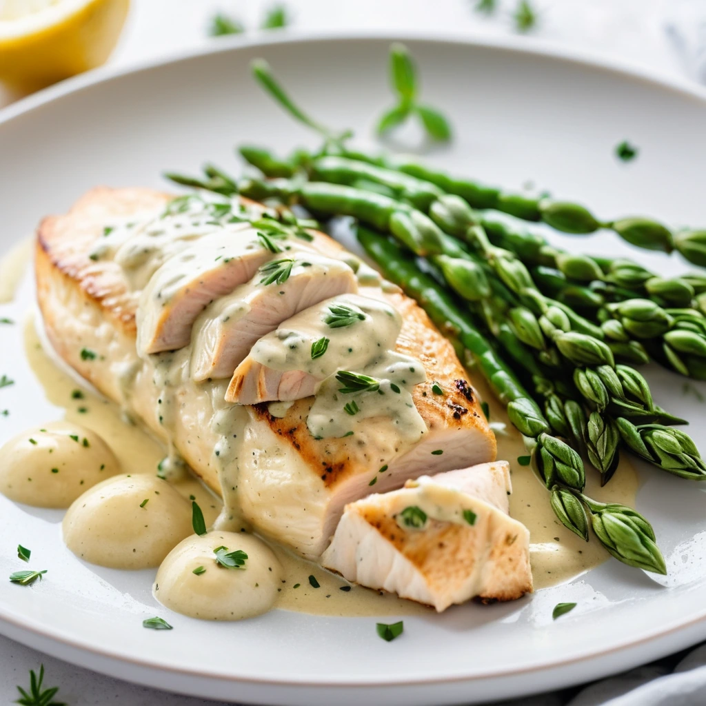 Golden chicken breasts with green herbs on a white plate, drizzled with a creamy sauce.