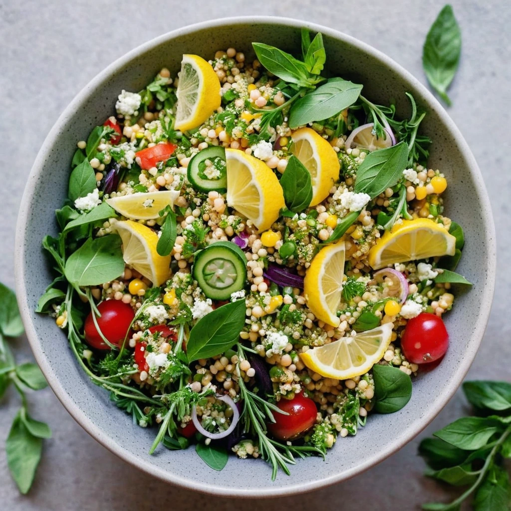 Colorful salad in a bowl with lemon slices, green herbs, and assorted vegetables