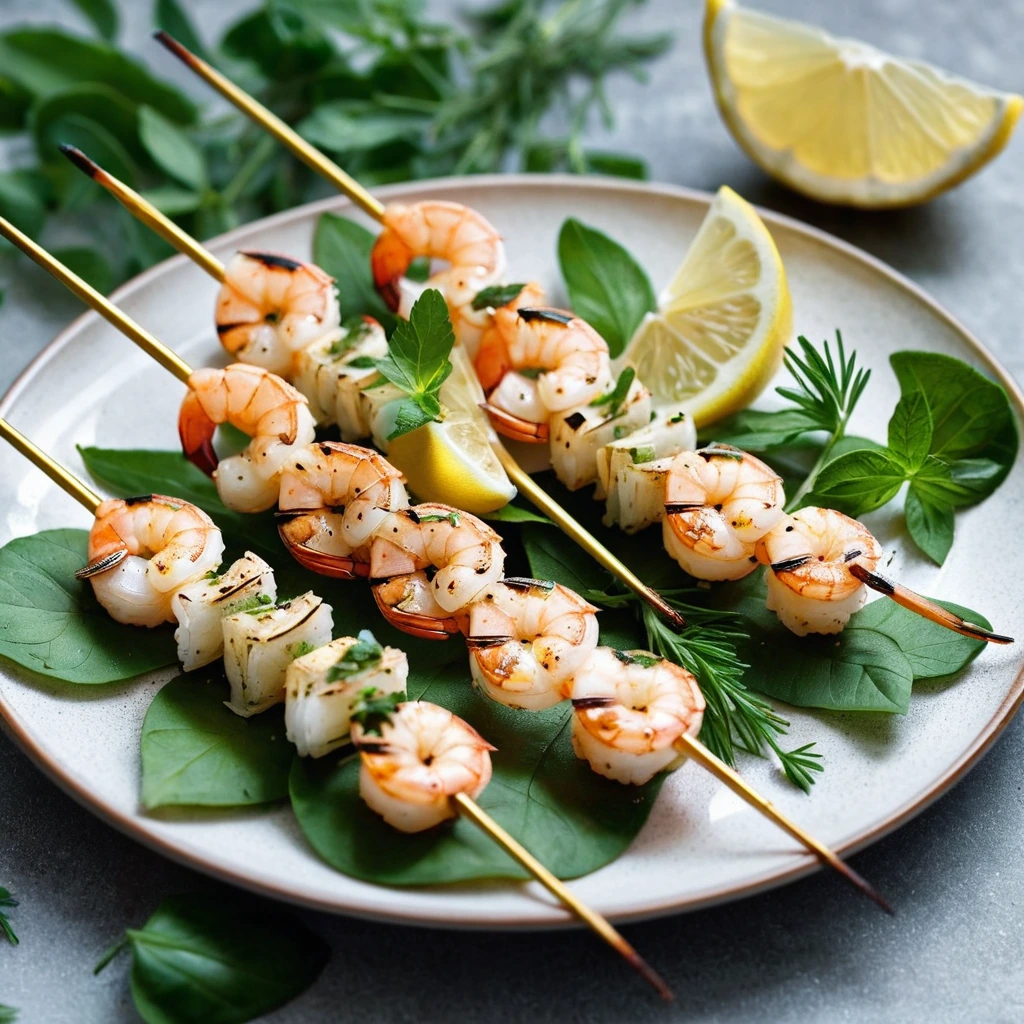 Grilled shrimp skewers on a plate, drizzled with lemon juice, garnished with fresh herbs.