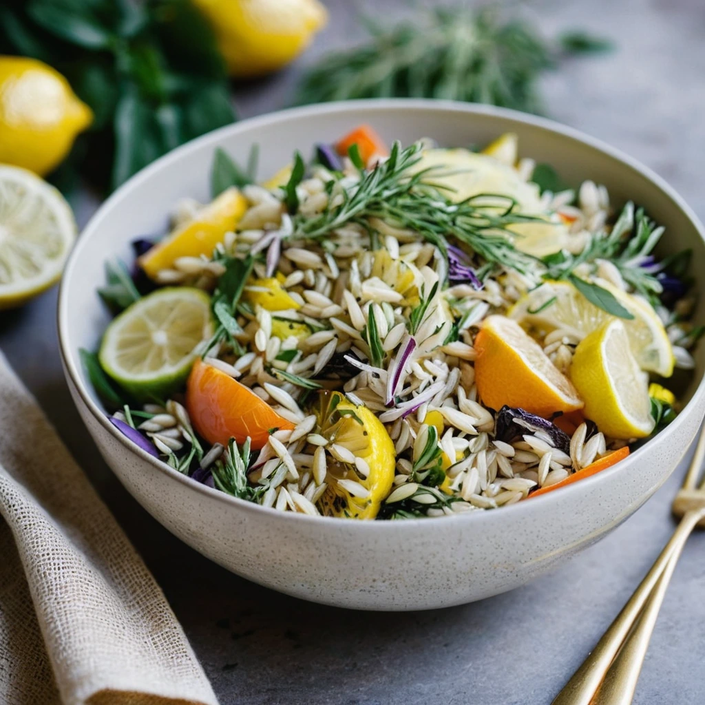 Colorful roasted vegetables mixed with lemon-herb orzo in a shallow bowl, garnished with fresh herbs.