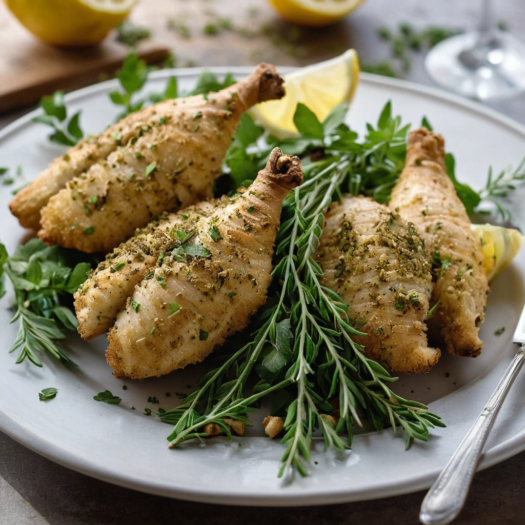 Golden brown spatchcock chicken on a platter with fresh herbs and crispy golden croutons.